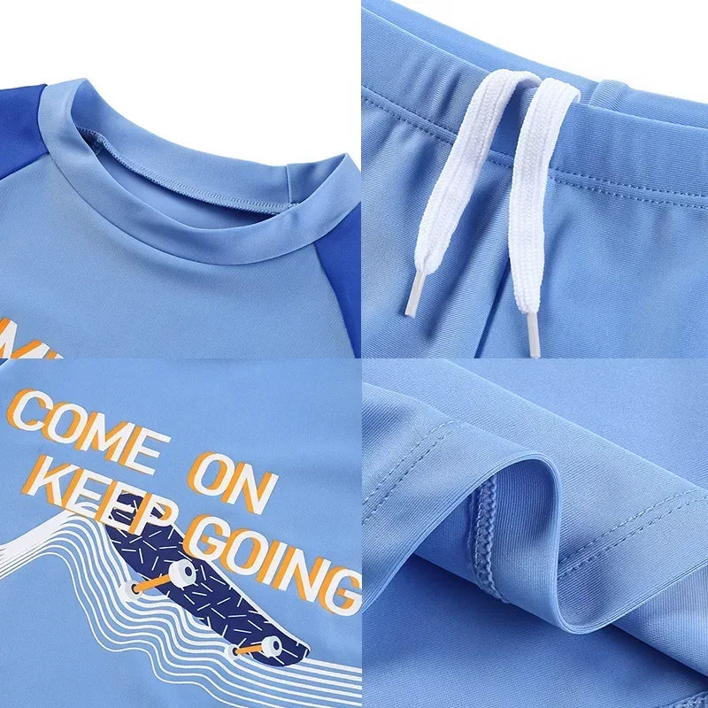Blue athletic shirt with 'Come on, keep going' text and graphic design.