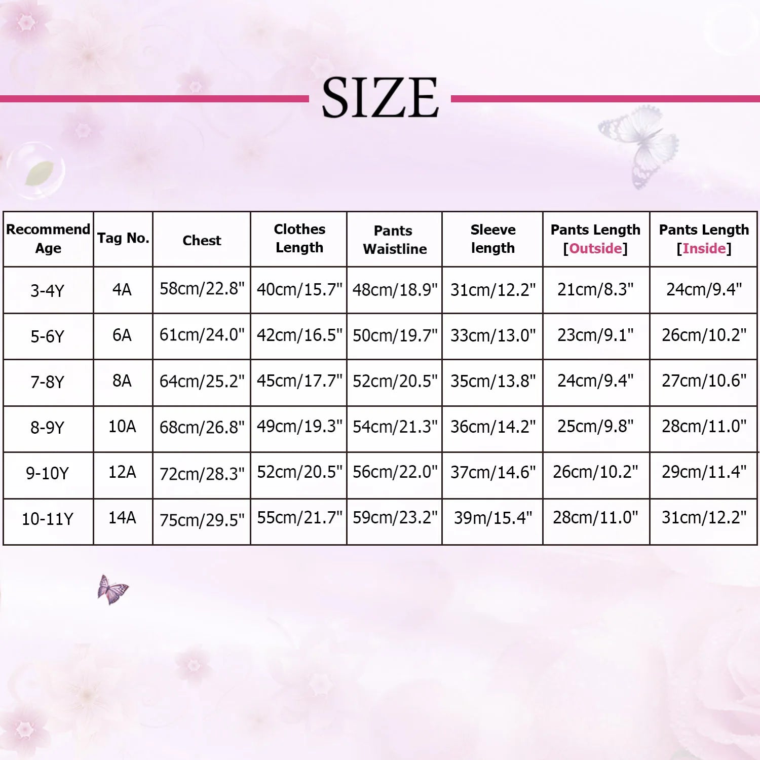 Size chart for children's clothing on a pink floral background