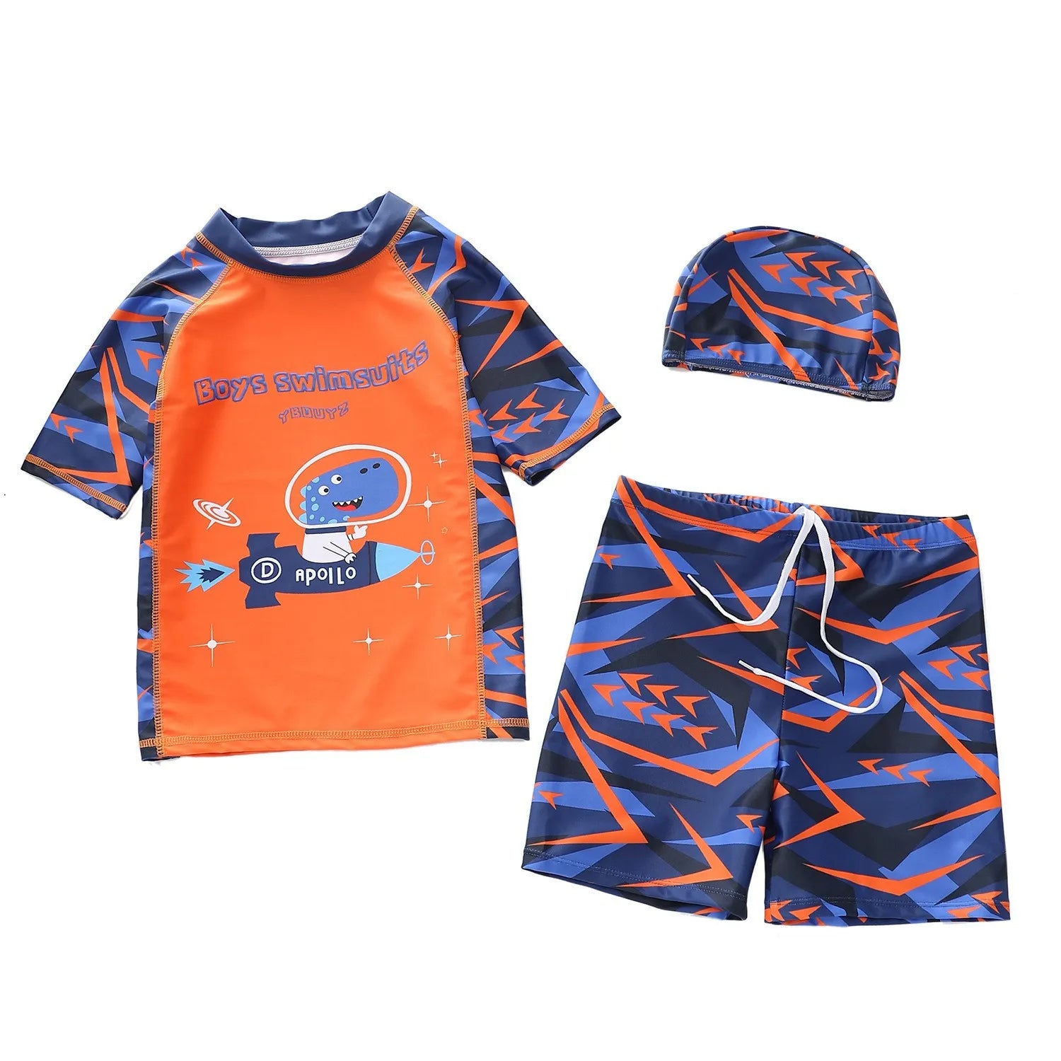 Children's swim set with orange and blue rash guard, swim shorts, and cap on a white background
