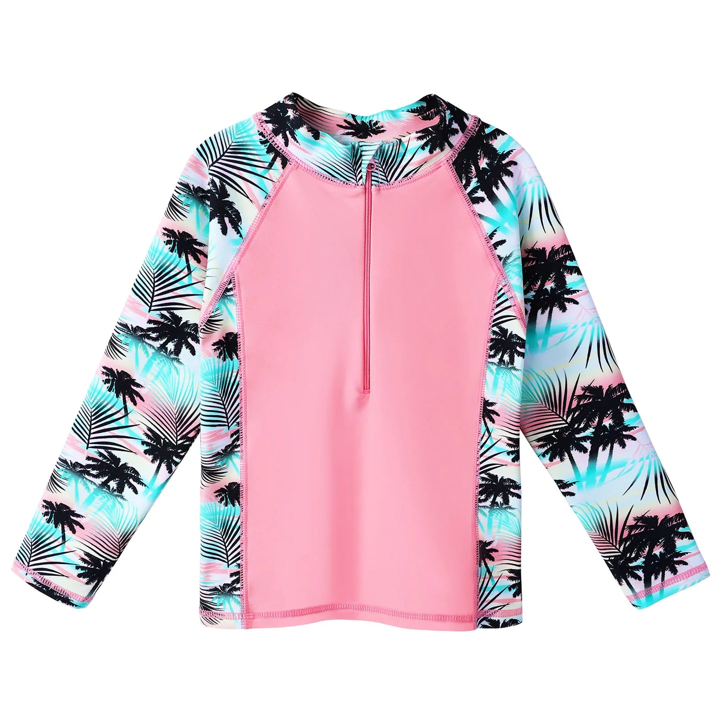 Pink long-sleeve rash guard with palm tree pattern on sleeves against a white background