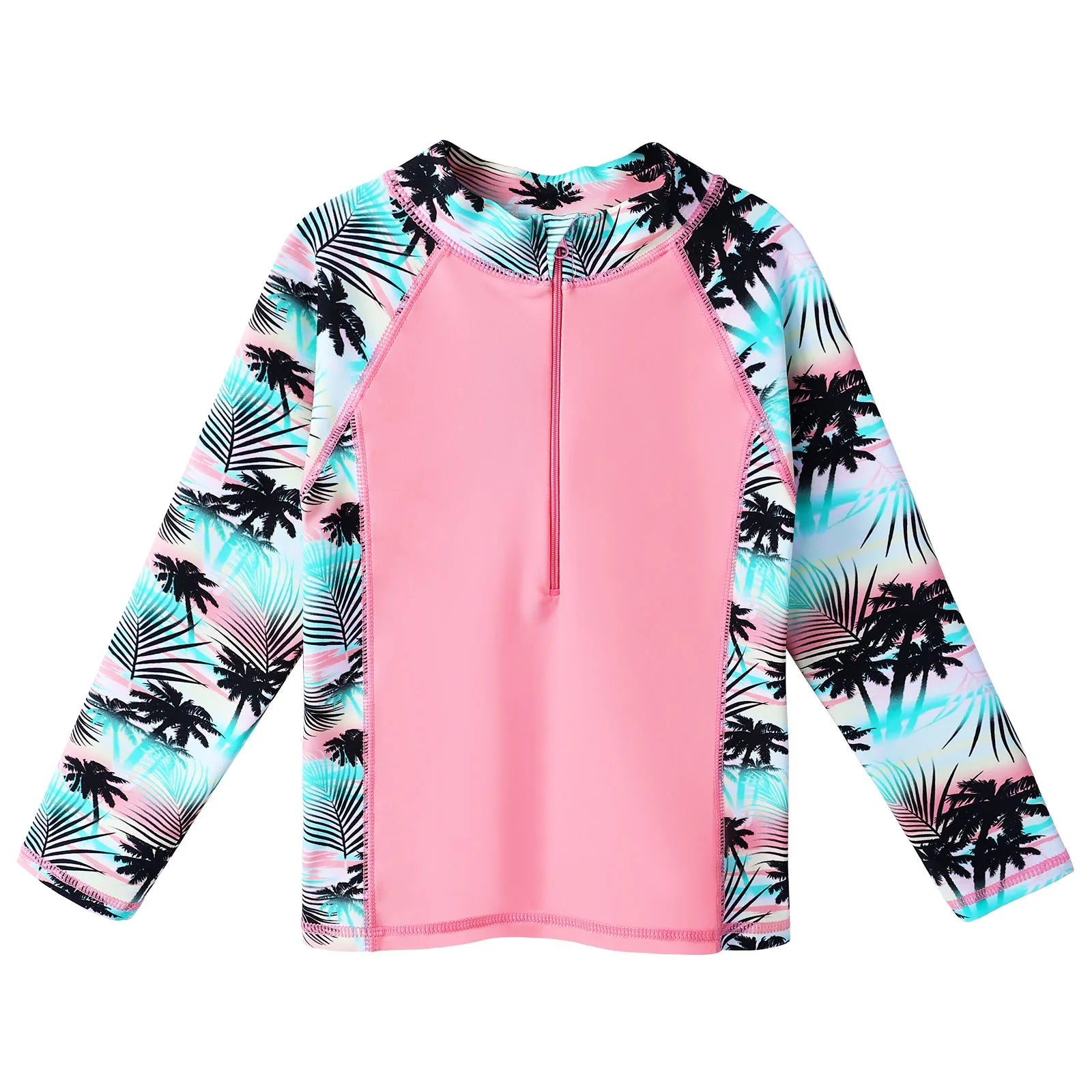 Pink long-sleeve rash guard with palm tree pattern on sleeves against a white background