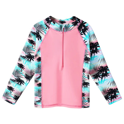 Pink long-sleeve rash guard with palm tree pattern on sleeves against a white background