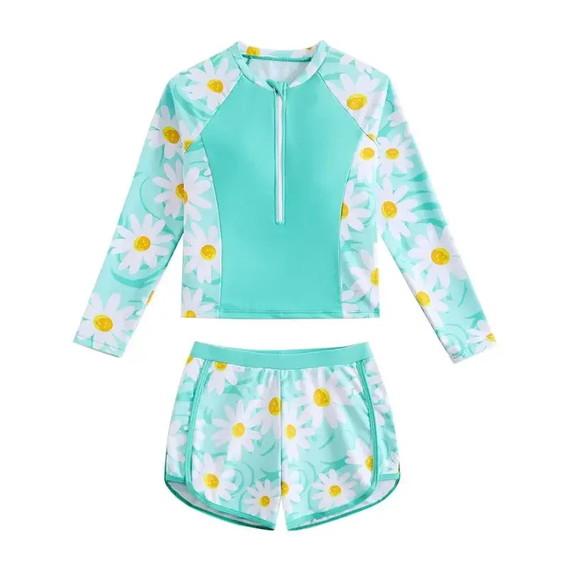 Children's two-piece swimsuit with floral pattern on a white background
