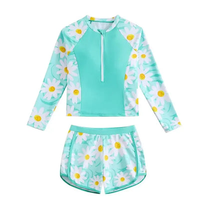 Children's two-piece swimsuit with floral pattern on a white background