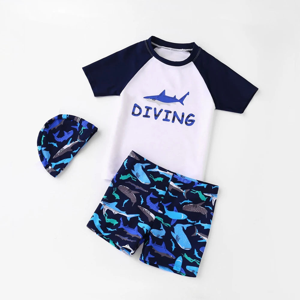 Children's diving outfit with a shirt, shorts, and hat on a white background
