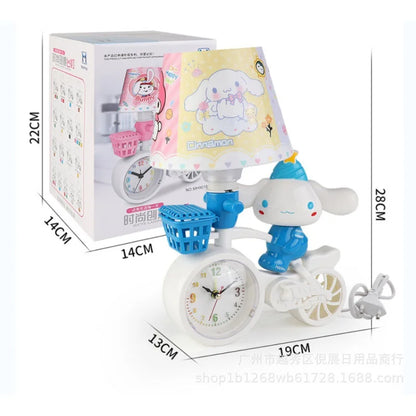 Cartoon character on a bicycle with a clock, next to its packaging, on a white background.