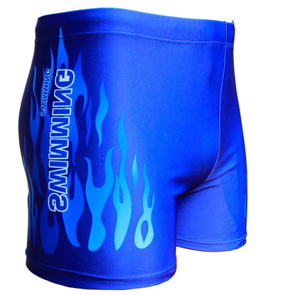 Blue swim shorts with flame design and brand logo on a white background