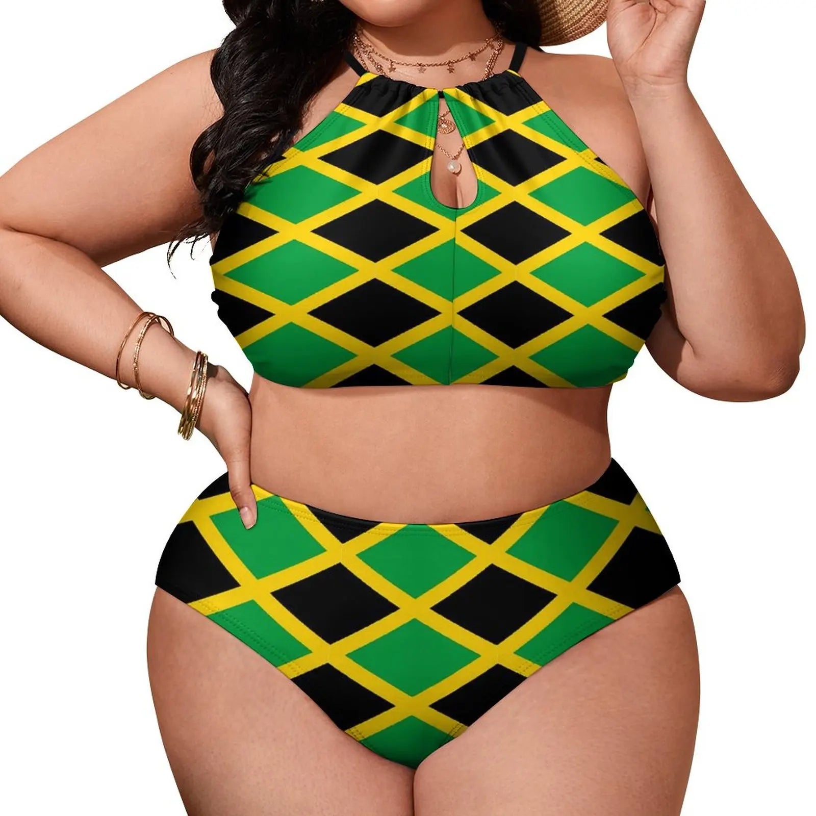 Two-piece swimsuit with green, black, and yellow pattern on a white background