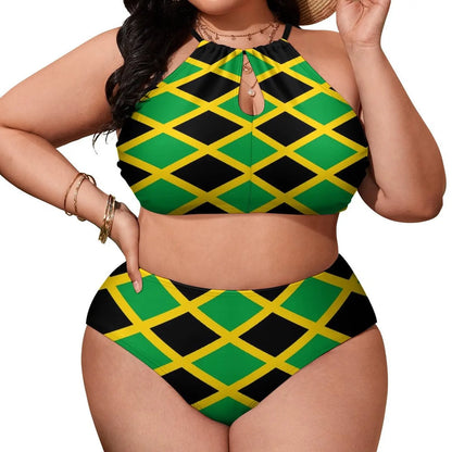 Two-piece swimsuit with green, black, and yellow pattern on a white background