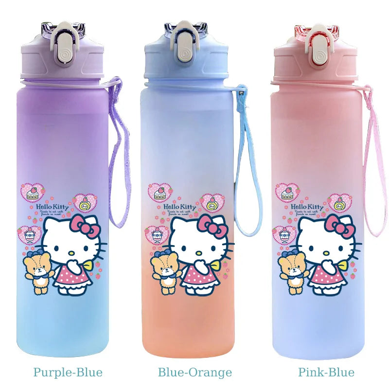 Three Hello Kitty water bottles in purple-blue, blue-orange, and pink-blue on a white background.