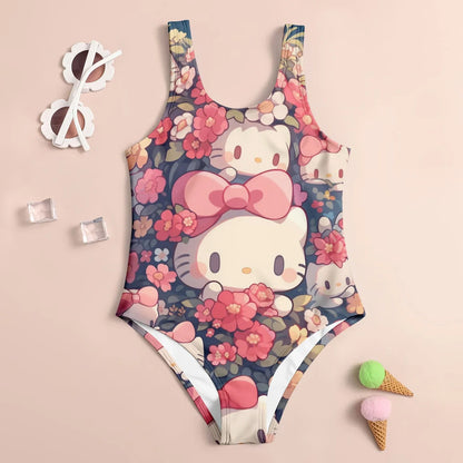 One-piece swimsuit with cartoon character and floral pattern on a beige background
