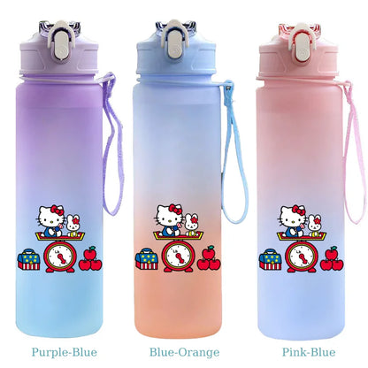 Three gradient water bottles with Hello Kitty designs on a white background