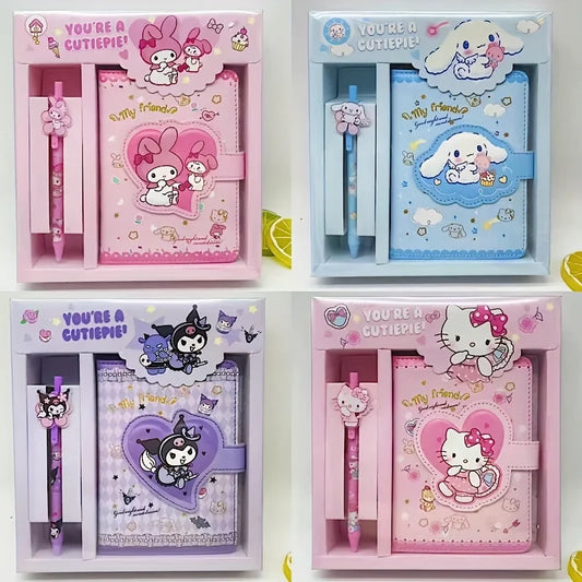Set of four stationery items with cartoon characters in colorful packaging.