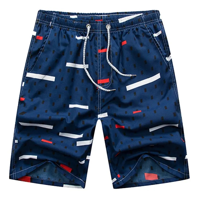 Blue swim shorts with red and white pattern on a white background