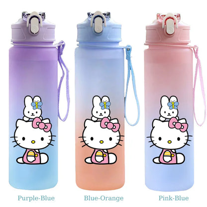 Three gradient water bottles with Hello Kitty design on a white background