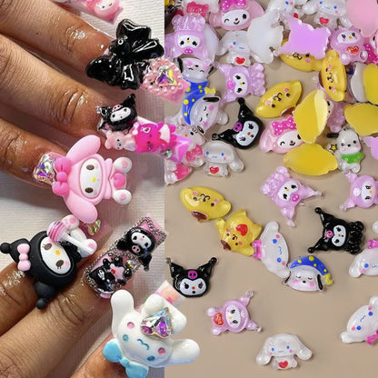 Collage of colorful cartoon-style rings on a hand and scattered on a surface.