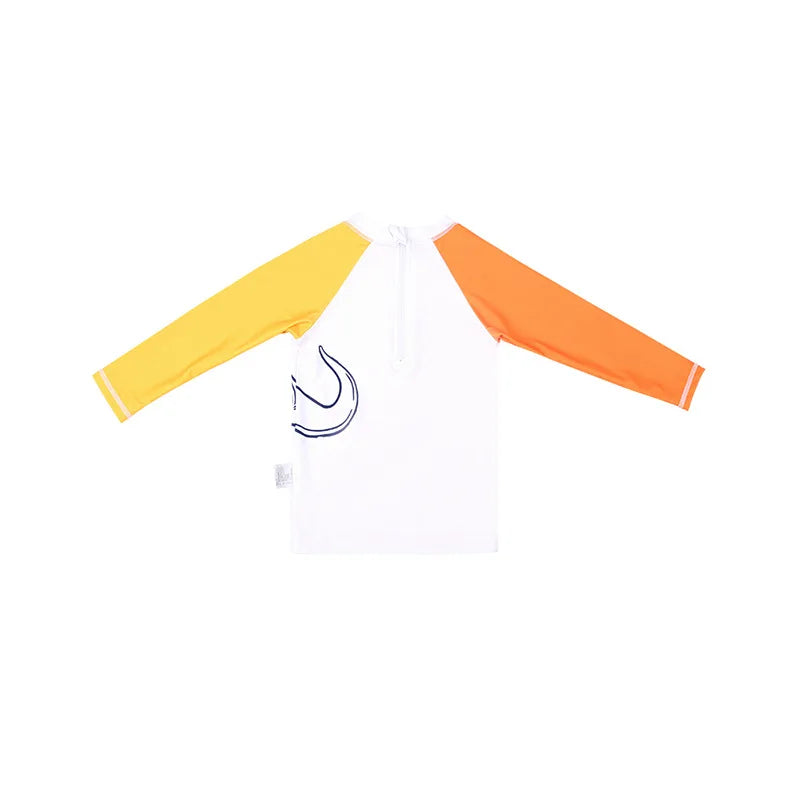 White shirt with orange and yellow sleeves on a white background
