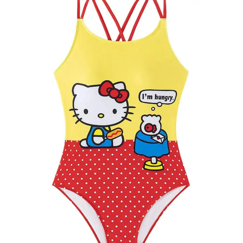 Yellow and red swimsuit with cartoon character design on a white background