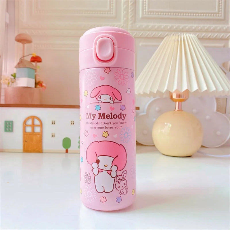 Pink water bottle with cartoon character design on a light background