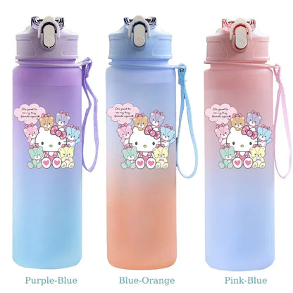 Three colorful water bottles with cartoon characters on a white background