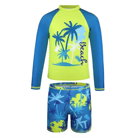 Children's two-piece swimsuit with palm tree design on a white background