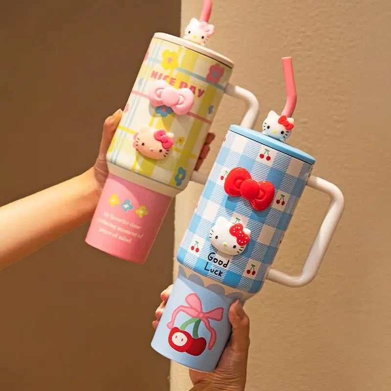 Two colorful tumblers with cartoon character designs held against a brown background