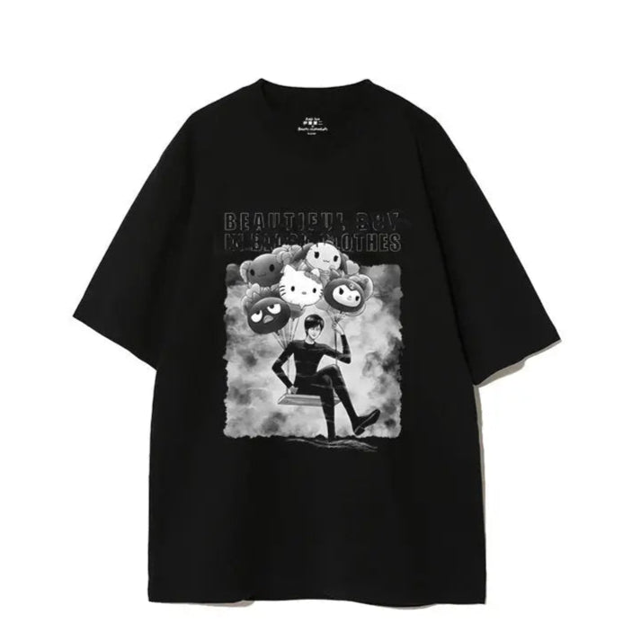 Black t-shirt with graphic design featuring a character and text on a white background
