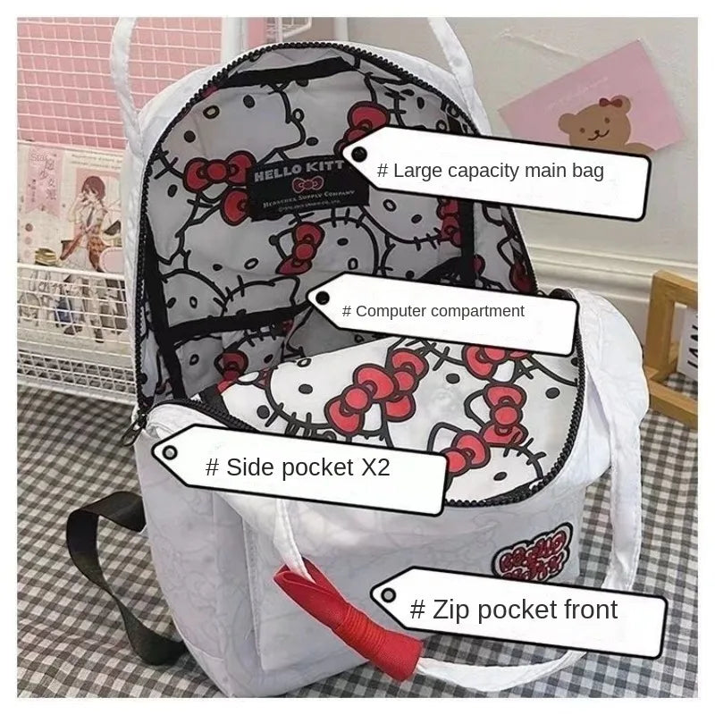 Hello Kitty backpack with features labeled on a checkered floor.