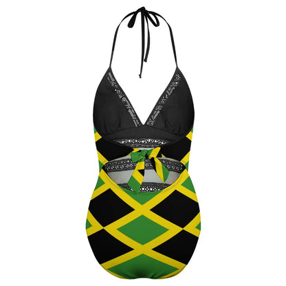 One-piece swimsuit with Jamaican flag design on a white background