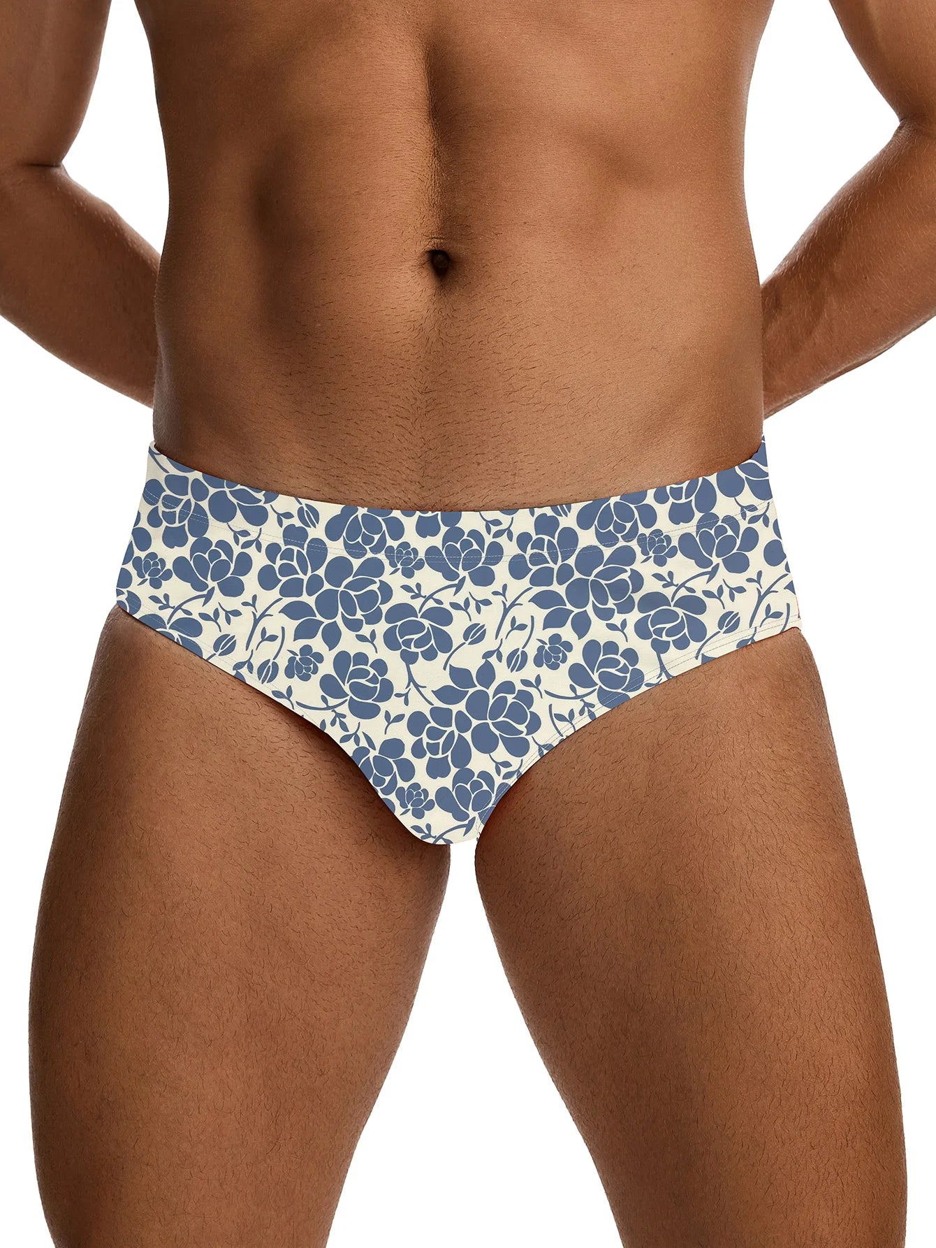 Blue floral-patterned men's underwear on a white background