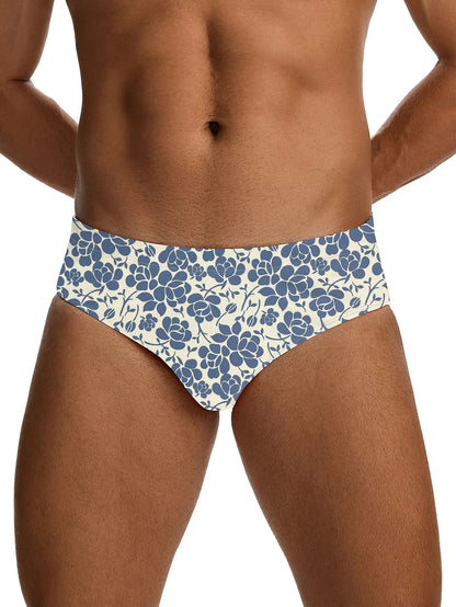 Blue floral-patterned men's underwear on a white background