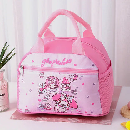 Pink lunch bag with cartoon characters on a white background