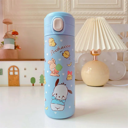 Blue thermos bottle with cartoon designs on a white surface