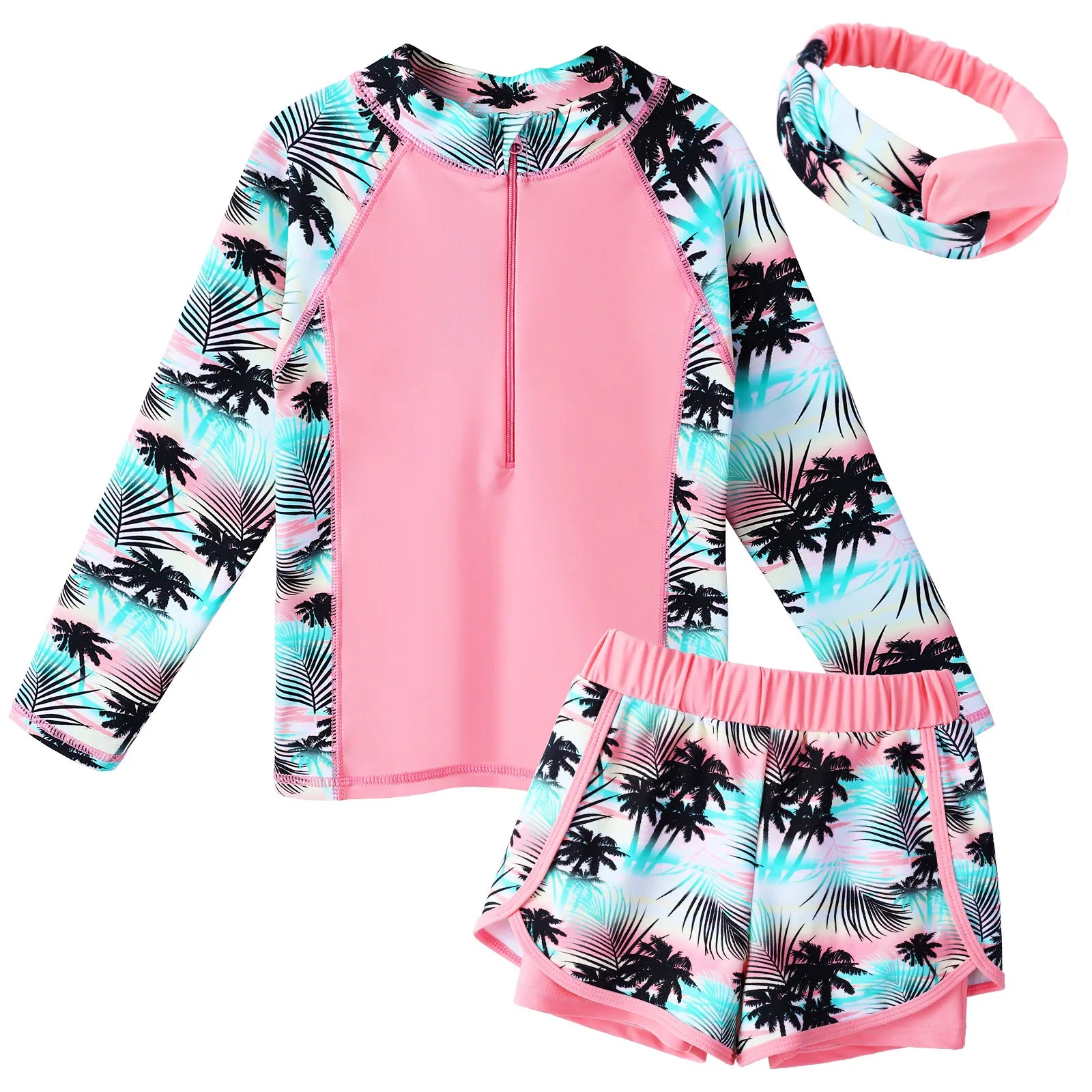 Children's swim set with palm tree pattern on a white background