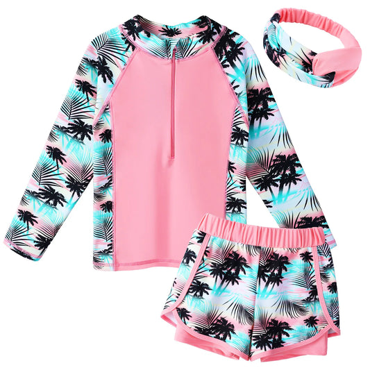 Children's swim set with palm tree pattern on a white background
