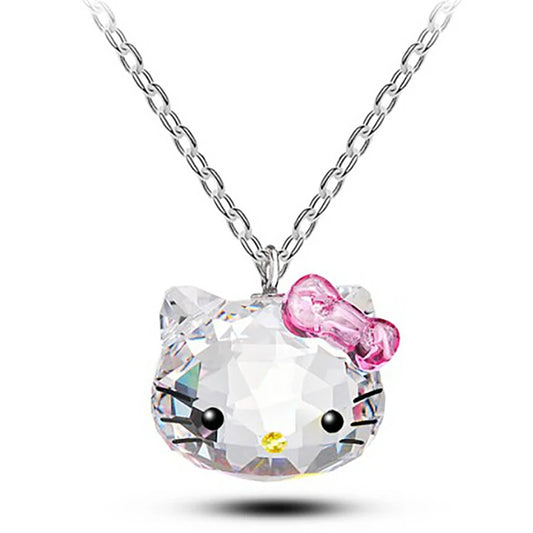 Crystal Hello Kitty pendant on a chain with a pink bow against a white background