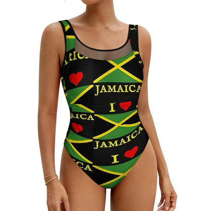 One-piece swimsuit with Jamaica-themed design on a white background