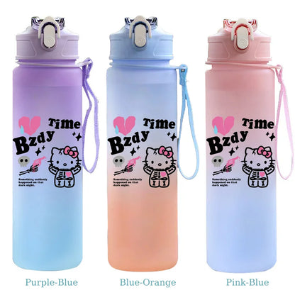 Three gradient water bottles with cartoon character design on a white background