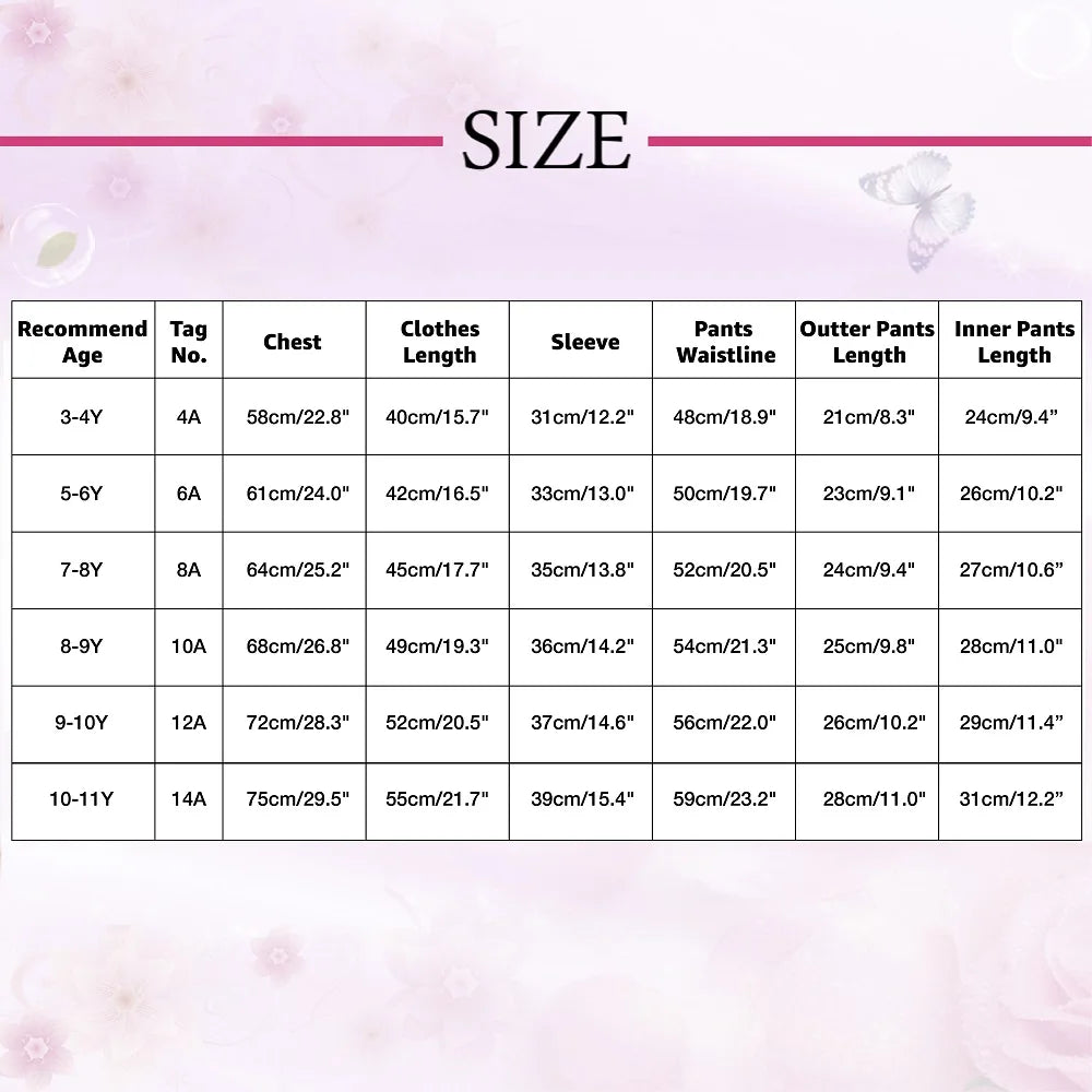Size chart for children's clothing with age, chest, clothes length, sleeve, pants waistline, outer pants length, and inner pants length measurements.