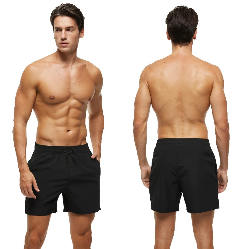 Man wearing black shorts showing front and back views on a white background