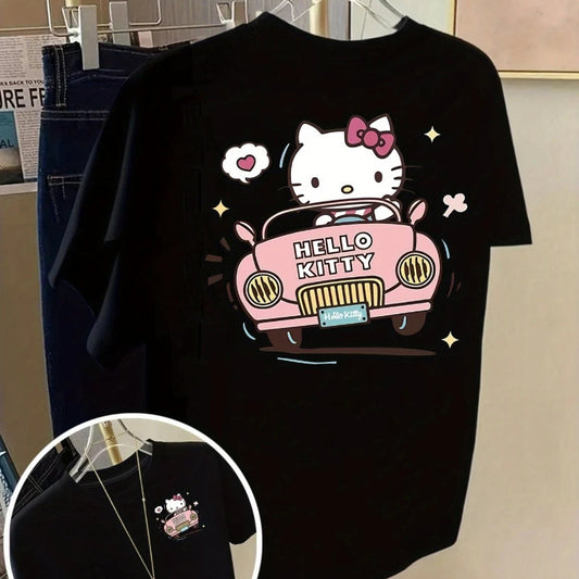 Black t-shirt with Hello Kitty graphic on a hanger, featuring the Sanrio logo.