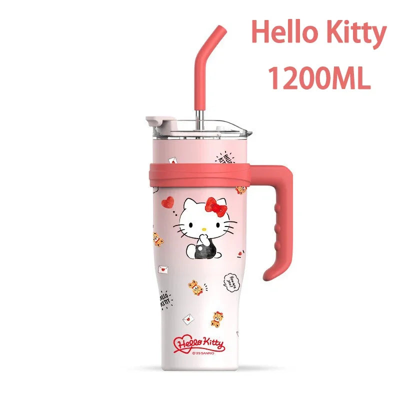 Hello Kitty tumbler with pink handle and straw on a white background
