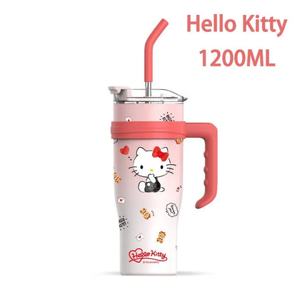 Hello Kitty tumbler with pink handle and straw on a white background