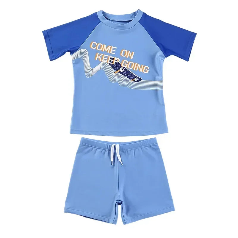 Children's blue swim set with text and graphics on a white background