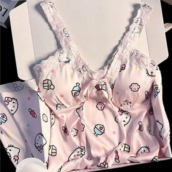 Lace lingerie set with cartoon patterns on a white background