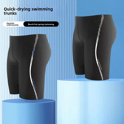 Black quick-drying swimming trunks with white stripes on a blue background