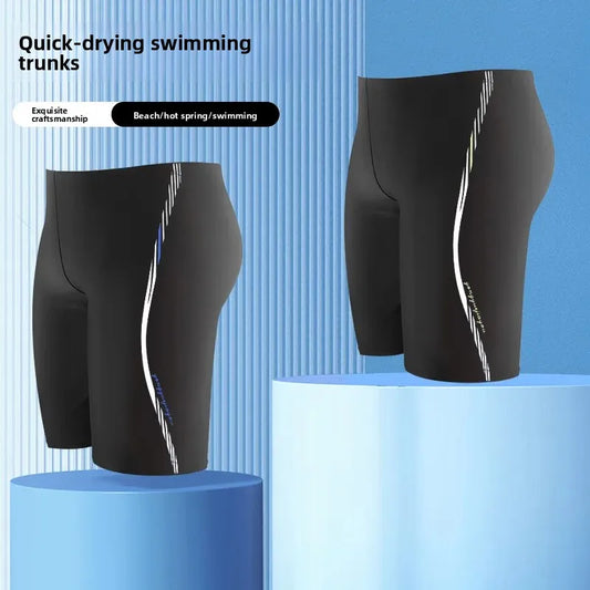 Black quick-drying swimming trunks with white stripes on a blue background