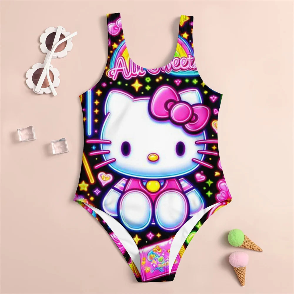 Colorful swimsuit with cartoon character design on a beige background