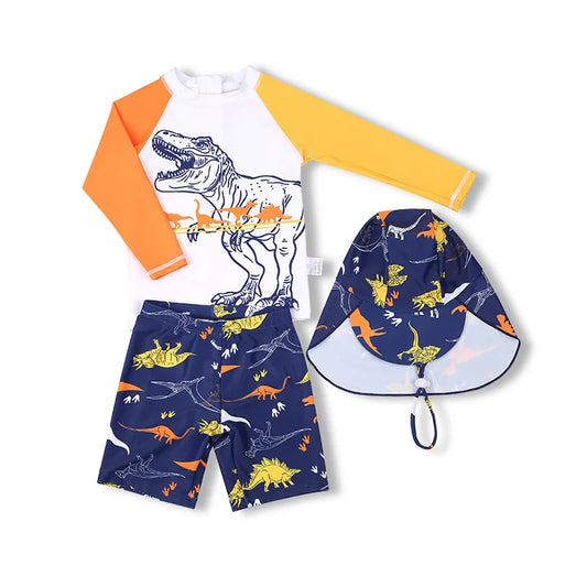 Children's dinosaur-themed swimsuit set with hat on a white background