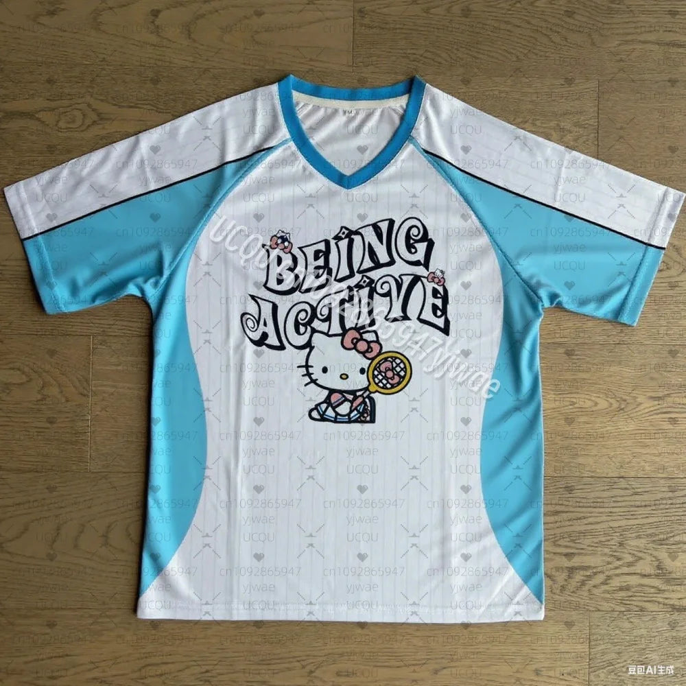 White and blue sports jersey with 'Being Active' text and cartoon character on a wooden surface